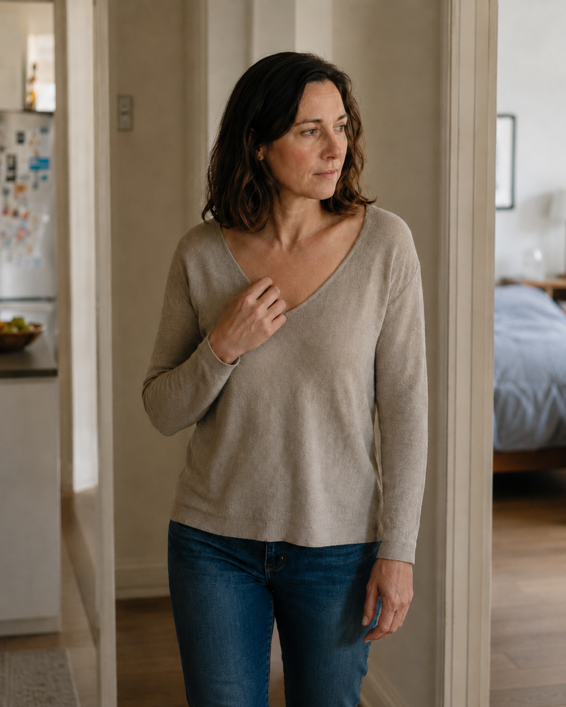 A person pausing in a doorway between two rooms