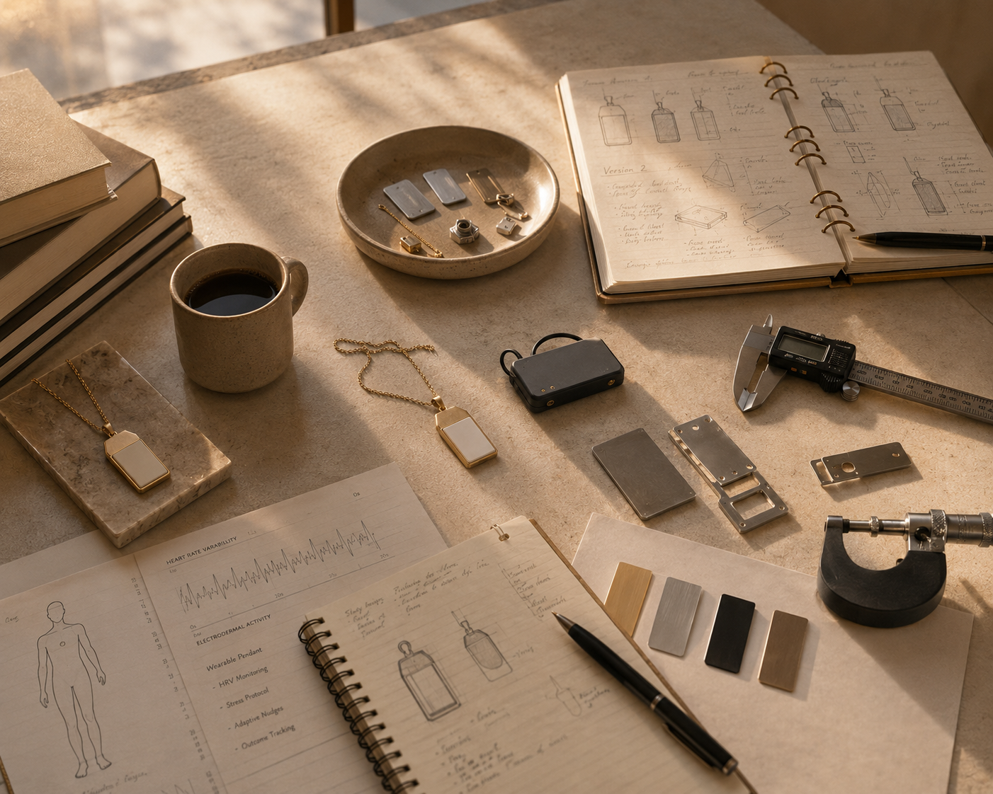 A research table — a ring-bound sketchbook of environmental studies, an HRV plot, calipers, material chips, and prototype parts in warm light