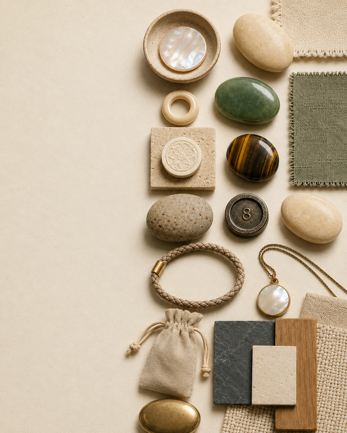 A material flatlay on warm paper — smooth river stones, a mother-of-pearl disc in a ceramic dish, jade and tiger's-eye cabochons, a carved bone ring, a woven bracelet, a linen drawstring pouch, slate and travertine chips, and a pearl pendant