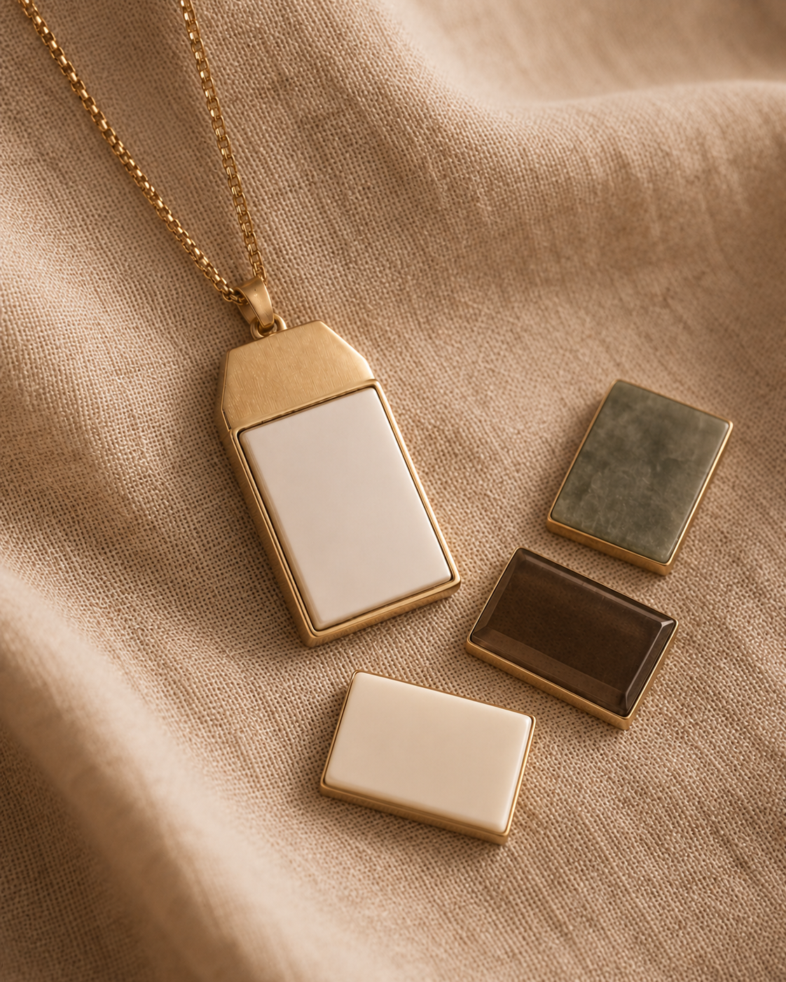 The Somatag pendant beside its interchangeable stone faces — mother-of-pearl, cream, jade, and tiger's-eye — on warm linen
