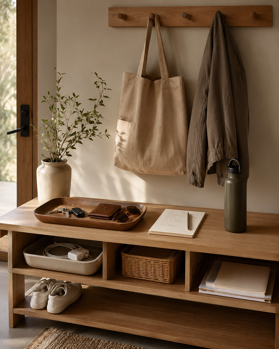 A warm entry surface at golden hour — a wooden tray holding keys, a wallet, and sunglasses beside a notebook, a vase, and a hanging tote